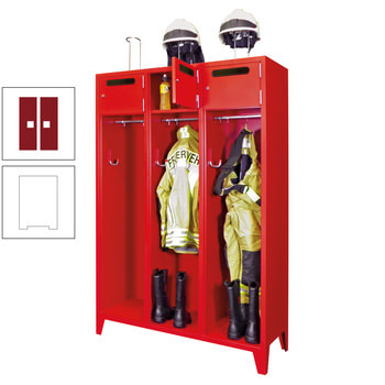 Feuerwehrschrank - 2 Abteile - Ablagefach mit Tür, Einwurfschlitz - 2.100 x 830 x 500 mm (HxBxT) - reinweiß/rubinrot RAL 3003 Rubinrot | RAL 9010 Reinweiß