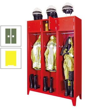Feuerwehrschrank - 3 Abteile - Ablagefach mit Tür, Etikettenrahmen - 2.100 x 1.230 x 500 mm (HxBxT) - zinkgelb/resedagrün RAL 6011 Resedagrün | RAL 1018 Zinkgelb