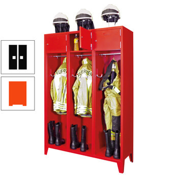 Feuerwehrschrank - 3 Abteile - Ablagefach mit Tür, Etikettenrahmen - 2.100 x 1.230 x 500 mm (HxBxT) - reinorange/tiefschwarz RAL 9005 Tiefschwarz | RAL 2004 Reinorange