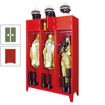 Feuerwehrschrank - 3 Abteile - Ablagefach mit Tür, Etikettenrahmen - 2.100 x 1.230 x 500 mm (HxBxT) - feuerrot/resedagrün RAL 6011 Resedagrün | RAL 3000 Feuerrot