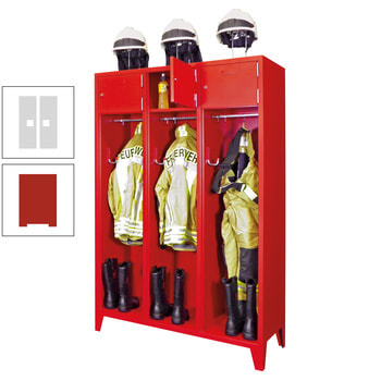 Feuerwehrschrank - 3 Abteile - Ablagefach mit Tür, Etikettenrahmen - 2.100 x 1.230 x 500 mm (HxBxT) - feuerrot/lichtgrau RAL 7035 Lichtgrau | RAL 3000 Feuerrot