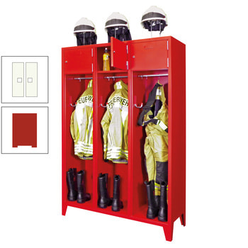 Feuerwehrschrank - 3 Abteile - Ablagefach mit Tür, Etikettenrahmen - 2.100 x 1.230 x 500 mm (HxBxT) - feuerrot/reinweiß RAL 9010 Reinweiß | RAL 3000 Feuerrot