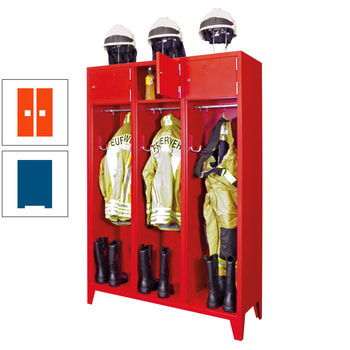 Feuerwehrschrank - 3 Abteile - Ablagefach mit Tür, Etikettenrahmen - 2.100 x 1.230 x 500 mm (HxBxT) - enzianblau/reinorange RAL 2004 Reinorange | RAL 5010 Enzianblau