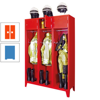 Feuerwehrschrank - 3 Abteile - Ablagefach mit Tür, Etikettenrahmen - 2.100 x 1.230 x 500 mm (HxBxT) - lichtblau/reinorange RAL 2004 Reinorange | RAL 5012 Lichtblau
