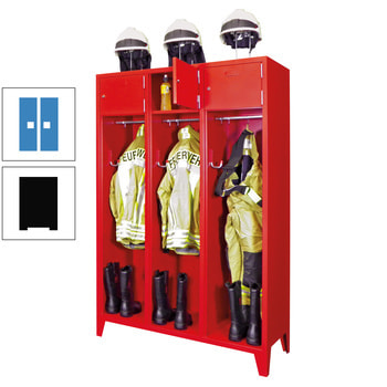 Feuerwehrschrank - 3 Abteile - Ablagefach mit Tür, Etikettenrahmen - 2.100 x 1.230 x 500 mm (HxBxT) - tiefschwarz/lichtblau RAL 5012 Lichtblau | RAL 9005 Tiefschwarz
