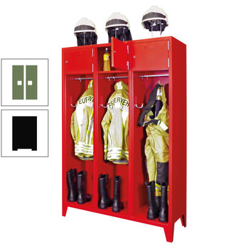 Feuerwehrschrank - 3 Abteile - Ablagefach mit Tür, Etikettenrahmen - 2.100 x 1.230 x 500 mm (HxBxT) - tiefschwarz/resedagrün RAL 6011 Resedagrün | RAL 9005 Tiefschwarz