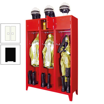 Feuerwehrschrank - 3 Abteile - Ablagefach mit Tür, Etikettenrahmen - 2.100 x 1.230 x 500 mm (HxBxT) - tiefschwarz/reinweiß RAL 9010 Reinweiß | RAL 9005 Tiefschwarz