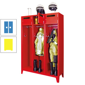 Feuerwehrschrank - 3 Abteile - Ablagefach mit Tür, Einwurfschlitz - 2.100 x 1.230 x 500 mm (HxBxT) - zinkgelb/lichtblau RAL 5012 Lichtblau | RAL 1018 Zinkgelb