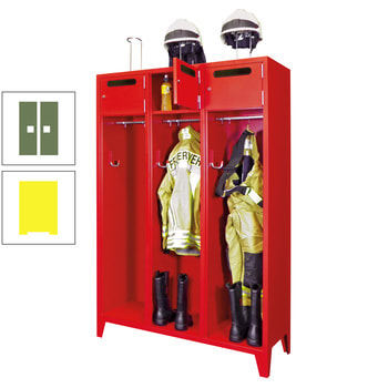 Feuerwehrschrank - 3 Abteile - Ablagefach mit Tür, Einwurfschlitz - 2.100 x 1.230 x 500 mm (HxBxT) - zinkgelb/resedagrün RAL 6011 Resedagrün | RAL 1018 Zinkgelb