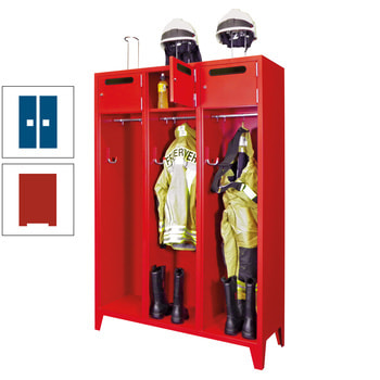 Feuerwehrschrank - 3 Abteile - Ablagefach mit Tür, Einwurfschlitz - 2.100 x 1.230 x 500 mm (HxBxT) - feuerrot/enzianblau RAL 5010 Enzianblau | RAL 3000 Feuerrot
