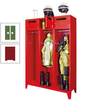 Feuerwehrschrank - 3 Abteile - Ablagefach mit Tür, Einwurfschlitz - 2.100 x 1.230 x 500 mm (HxBxT) - rubinrot/resedagrün RAL 6011 Resedagrün | RAL 3003 Rubinrot