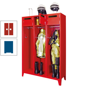 Feuerwehrschrank - 3 Abteile - Ablagefach mit Tür, Einwurfschlitz - 2.100 x 1.230 x 500 mm (HxBxT) - enzianblau/feuerrot RAL 3000 Feuerrot | RAL 5010 Enzianblau