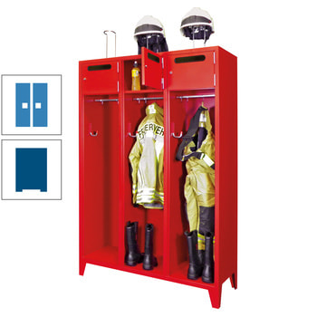 Feuerwehrschrank - 3 Abteile - Ablagefach mit Tür, Einwurfschlitz - 2.100 x 1.230 x 500 mm (HxBxT) - enzianblau/lichtblau RAL 5012 Lichtblau | RAL 5010 Enzianblau