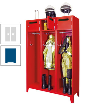 Feuerwehrschrank - 3 Abteile - Ablagefach mit Tür, Einwurfschlitz - 2.100 x 1.230 x 500 mm (HxBxT) - enzianblau/lichtgrau RAL 7035 Lichtgrau | RAL 5010 Enzianblau