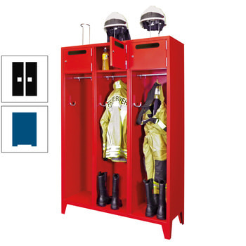 Feuerwehrschrank - 3 Abteile - Ablagefach mit Tür, Einwurfschlitz - 2.100 x 1.230 x 500 mm (HxBxT) - enzianblau/tiefschwarz RAL 9005 Tiefschwarz | RAL 5010 Enzianblau