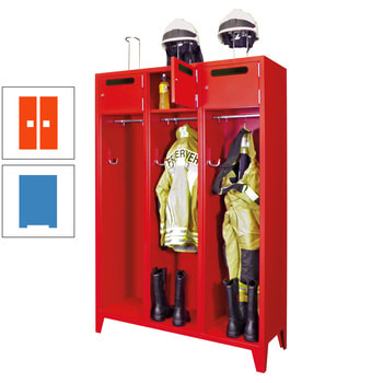 Feuerwehrschrank - 3 Abteile - Ablagefach mit Tür, Einwurfschlitz - 2.100 x 1.230 x 500 mm (HxBxT) - lichtblau/reinorange RAL 2004 Reinorange | RAL 5012 Lichtblau