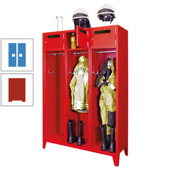 Feuerwehrschrank - 4 Abteile - Ablagefach mit Tür, Einwurfschlitz - 2.100 x 1.630 x 500 mm (HxBxT) - feuerrot/lichtblau RAL 5012 Lichtblau | RAL 3000 Feuerrot