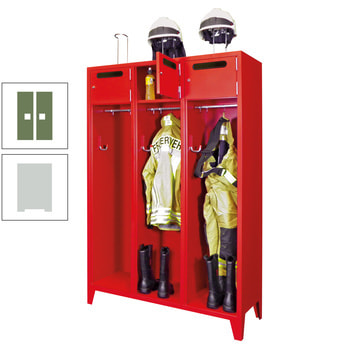 Feuerwehrschrank - 4 Abteile - Ablagefach mit Tür, Einwurfschlitz - 2.100 x 1.630 x 500 mm (HxBxT) - lichtgrau/resedagrün RAL 6011 Resedagrün | RAL 7035 Lichtgrau