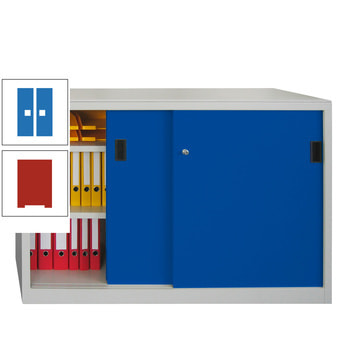 Schiebetürenschrank - Vollblechtüren - 1.000x1.500x400 mm (HxBxT) - 4 Böden, gepulvert - Zylinderschloss - feuerrot/himmelblau RAL 5015 Himmelblau | RAL 3000 Feuerrot