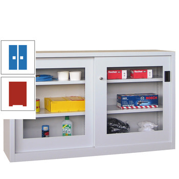 Schiebetürenschrank - Sichtfenstertüren - 1.000x1.500x600 mm (HxBxT) - 4 Böden, verzinkt - Zylinderschloss - feuerrot/himmelblau RAL 5015 Himmelblau | RAL 3000 Feuerrot