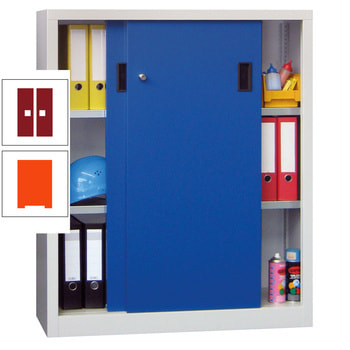 Schiebetürenschrank - Vollblechtüren - 1.200x1.000x500 mm (HxBxT) - 2 Böden, verzinkt - Zylinderschloss - reinorange/rubinrot RAL 3003 Rubinrot | RAL 2004 Reinorange