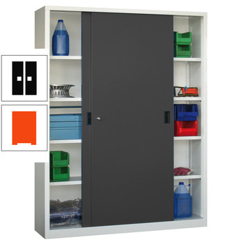 Schiebetürenschrank - Vollblechtüren - 1.950x1.500x500 mm (HxBxT) - 8 Böden, verzinkt - Zylinderschloss - reinorange/tiefschwarz RAL 9005 Tiefschwarz | RAL 2004 Reinorange