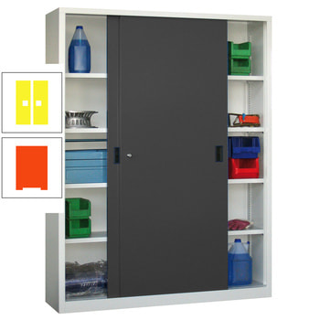 Schiebetürenschrank - Vollblechtüren - 1.950x1.500x600 mm (HxBxT) - 8 Böden, verzinkt - Zylinderschloss - reinorange/zinkgelb RAL 1018 Zinkgelb | RAL 2004 Reinorange