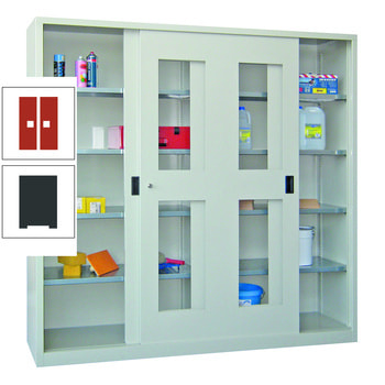 Schiebetürenschrank - Sichtfenstertüren - 1.950x2.000x500 mm (HxBxT) - 8 Böden, verzinkt - Zylinderschloss - anthrazitgrau/feuerrot RAL 3000 Feuerrot | RAL 7016 Anthrazitgrau
