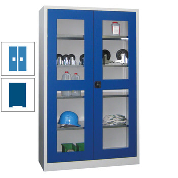 Flügeltürenschrank - Sichtfenstertüren - 1.950x1.200x400 mm (HxBxT) - 4 Einlegeböden verzinkt - Zylinderschloss - enzianblau/lichtblau RAL 5012 Lichtblau | RAL 5010 Enzianblau