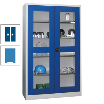 Flügeltürenschrank - Sichtfenstertüren - 1.950x1.200x400 mm (HxBxT) - 4 Einlegeböden gepulvert - Zylinderschloss - lichtblau/enzianblau RAL 5010 Enzianblau | RAL 5012 Lichtblau
