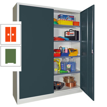 Flügeltürenschrank - Vollblechtüren - 1.950x1.500x600 mm (HxBxT) - 4 Einlegeböden verzinkt - Zylinderschloss - resedagrün/reinorange RAL 2004 Reinorange | RAL 6011 Resedagrün