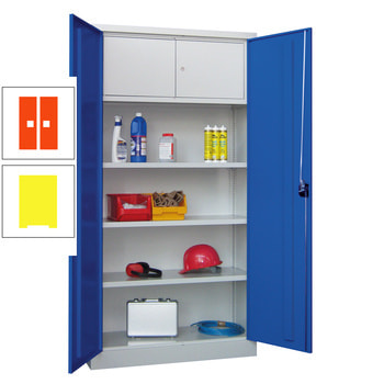 Beispielabbildung: Universalschrank, Korpus in Lichtgrau (RAL 7035) und Front in enzianblau (RAL 5010).