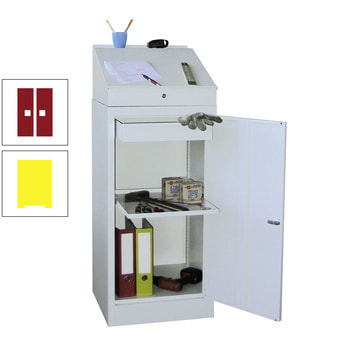 Stehpult mit Schrank - Vollblechtür - Zylinderschloss - 1 Einlegeboden, 1 Schublade - 1.270x500x500 mm (HxBxT) - zinkgelb/rubinrot RAL 3003 Rubinrot | RAL 1018 Zinkgelb