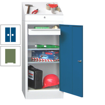 Stehpult mit Schrank - Vollblechtür - 2 Einlegeböden, verzinkt - 1 Schublade - 1.270x500x500 mm (HxBxT) - resedagrün/enzianblau RAL 5010 Enzianblau | RAL 6011 Resedagrün