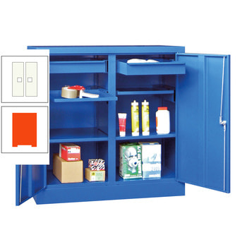 Stahlschrank - Vollblechtüren, einzeln verschließbar - Trennwand - 4 Böden, 2 Schubladen - 1.000x1.000x500 mm (HxBxT) - reinorange/reinweiß RAL 9010 Reinweiß | RAL 2004 Reinorange