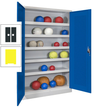 Ballschrank - Lochfeldtüren - 4 Böden - 1 Hakenleiste - 1.950x1.200x500 mm (HxBxT) - zinkgelb/anthrazitgrau RAL 7016 Anthrazitgrau | RAL 1018 Zinkgelb