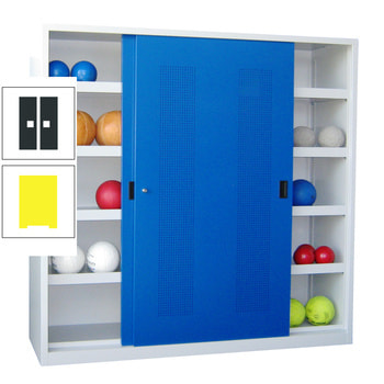 Ballschrank - Schiebetüren mit Lochfeld - Trennwand - 8 Böden - 1.950x2.000x600 mm (HxBxT) - zinkgelb/anthrazitgrau RAL 7016 Anthrazitgrau | RAL 1018 Zinkgelb