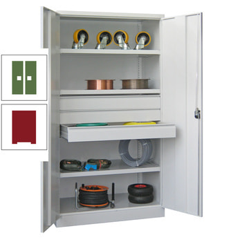 Schwerlastschrank - Vollblechtüren - 3 Böden - 3 Schubladen, 125 mm - 1.950x1.040x630 mm (HxBxT) - rubinrot/resedagrün RAL 6011 Resedagrün | RAL 3003 Rubinrot