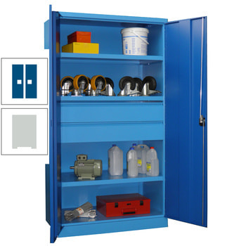 Schwerlastschrank - Vollblechtüren - 3 Böden - 2 Schubladen, 175 mm - 1.950x1.040x630 mm (HxBxT) - lichtgrau/enzianblau RAL 5010 Enzianblau | RAL 7035 Lichtgrau