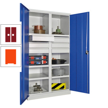 Schwerlastschrank - Vollblechtüren - Trennwand - 6 Böden - 6 Schubladen, 175 mm - 1.950x1.040x630 mm (HxBxT) - reinorange/rubinrot RAL 3003 Rubinrot | RAL 2004 Reinorange