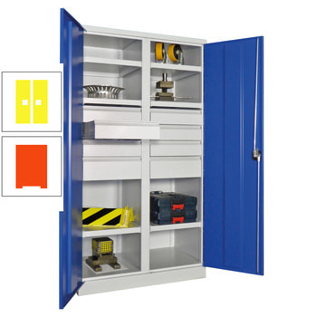 Schwerlastschrank - Vollblechtüren - Trennwand - 6 Böden - 8 Schubladen - 1.950x1.040x630 mm (HxBxT) - reinorange/zinkgelb RAL 1018 Zinkgelb | RAL 2004 Reinorange