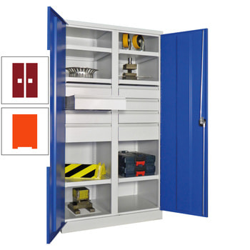 Schwerlastschrank - Vollblechtüren - Trennwand - 6 Böden - 8 Schubladen - 1.950x1.040x630 mm (HxBxT) - reinorange/rubinrot RAL 3003 Rubinrot | RAL 2004 Reinorange