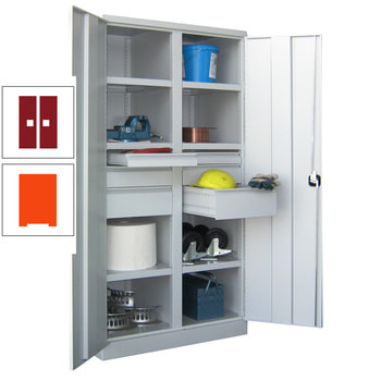 Schwerlastschrank - Vollblechtüren - Trennwand - 6 Böden, 6 Schubladen - 1.950x1.040x630 mm (HxBxT) - reinorange/rubinrot RAL 3003 Rubinrot | RAL 2004 Reinorange