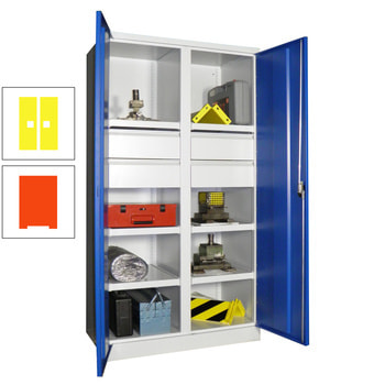 Schwerlastschrank - Vollblechtüren - Trennwand - 6 Böden, 4 Schubladen - 1.950x1.040x630 mm (HxBxT) - reinorange/zinkgelb RAL 1018 Zinkgelb | RAL 2004 Reinorange