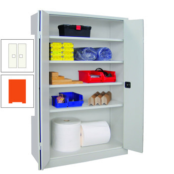 Falttürenschrank - 1.950x1.200x600 mm (HxBxT) - 4 Einlegeböden, verzinkt - Zylinderschloss - reinorange/reinweiß RAL 9010 Reinweiß | RAL 2004 Reinorange