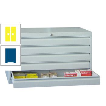 Werkzeug-Schubladenschrank - 600x1.023x600 mm (HxBxT) - 1 Schubladenreihe - 3x75 mm, 1x125 mm, 1x150 mm - Tragkraft 50 kg - enzianblau/zinkgelb RAL 1018 Zinkgelb | RAL 5010 Enzianblau