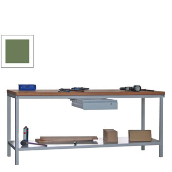 Werkbank mit Ablageboden - 1 Schublade - 900 x 2.000 x 700 mm (HxBxT) - Traglast 1.400 kg - resedagrün RAL 6011 Resedagrün