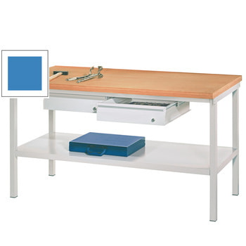 Werkbank mit Ablageboden - 2 Schubladen - 900 x 1.500 x 700 mm (HxBxT) - Traglast 1.050 kg - lichtblau RAL 5012 Lichtblau