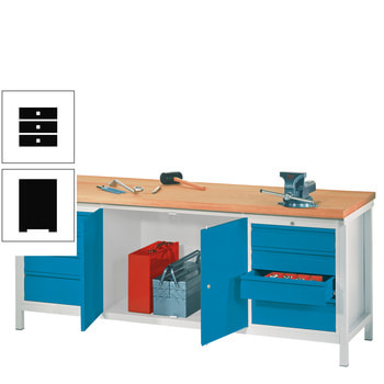 Beispielabbildung: Werkbank mit Schubladenblöcken und Schrank, hier mit Korpus in Lichtgrau (RAL 7035), Front in Lichtblau (RAL 5012)