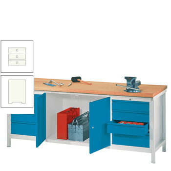 Beispielabbildung: Werkbank mit Schubladenblöcken und Schrank, hier mit Korpus in Lichtgrau (RAL 7035), Front in Lichtblau (RAL 5012)